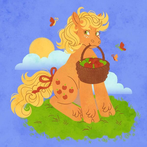 Size: 1080x1080 | Tagged: safe, artist:fizzmitz, applejack (g1), butterfly, earth pony, insect, pony, g1, apple, basket, blue background, bow, cloud, female, food, freckles, grass, image, jpeg, mare, mouth hold, simple background, sitting, sitting on grass, solo, sun, tail bow