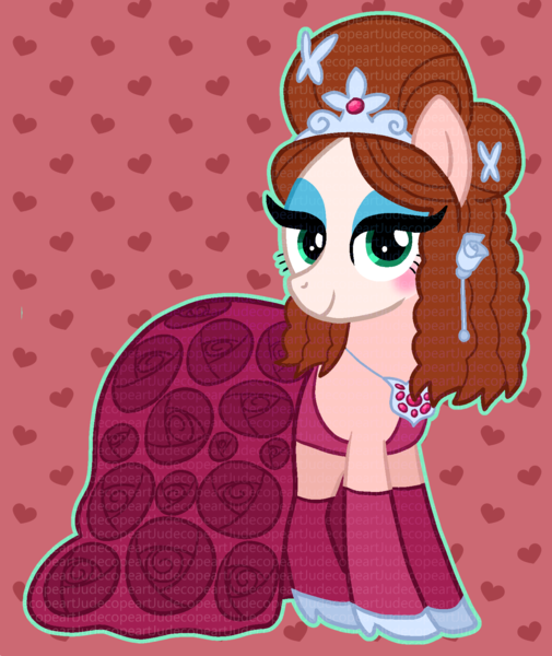 Size: 1470x1748 | Tagged: safe, artist:queertrixie, derpibooru import, ponified, earth pony, pony, chappell roan, clothes, dress, eyeshadow, female, image, jewelry, makeup, mare, outline, png, shoes, simple background, socks, solo, stockings, thigh highs, tiara, watermark