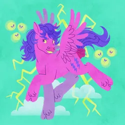 Size: 1080x1080 | Tagged: safe, artist:fizzmitz, firefly, firefly (insect), insect, pegasus, pony, g1, bow, cloud, cyan background, female, grin, image, jpeg, lightning, looking to side, mare, simple background, smiling, solo, spread wings, standing, standing on one leg, tail bow, wings