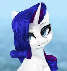 Size: 1440x1531 | Tagged: safe, artist:taiweiart, derpibooru import, rarity, pony, unicorn, blue background, bust, eye clipping through hair, female, horn, image, jpeg, looking away, mare, simple background, solo