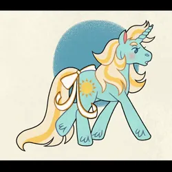 Size: 1080x1080 | Tagged: safe, artist:fizzmitz, sunbeam, pony, unicorn, g1, beige background, bow, female, image, jpeg, looking offscreen, mare, simple background, solo, tail bow, walking