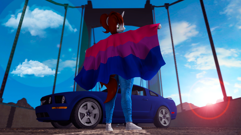 Size: 3840x2160 | Tagged: safe, artist:shadowuwu, ponerpics import, oc, oc:stone, unofficial characters only, anthro, 3d, bisexual pride flag, breasts, car, clothes, female, ford mustang, image, png, pride, pride flag, shoes