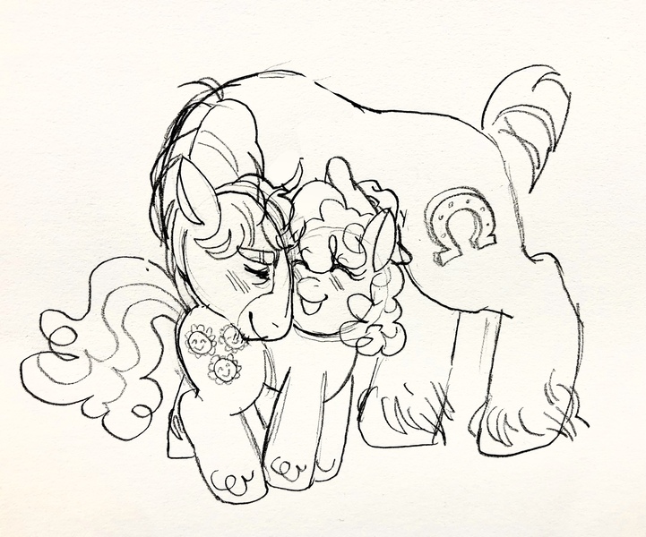 Size: 2353x1958 | Tagged: safe, artist:fizzmitz, cheerilee, trouble shoes, earth pony, pony, blushing, couple, crack shipping, eyes closed, female, height difference, image, jpeg, male, mare, physique difference, shipping, simple background, sketch, smiling, snuggling, stallion, standing, straight, troublecheer, unshorn fetlocks, white background