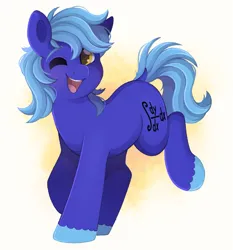 Size: 2009x2155 | Tagged: safe, artist:adostume, derpibooru import, oc, oc:dayandey, unofficial characters only, earth pony, pony, derpibooru exclusive, digital art, image, male, one eye closed, png, raised hoof, simple background, smiling, solo, solo male, teeth, wink