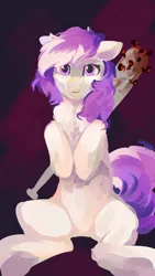 Size: 1280x2276 | Tagged: safe, artist:krapinkaius, derpibooru import, oc, oc:roxy, unofficial characters only, earth pony, pony, baseball bat, blood, chest fluff, earth pony oc, female, female oc, floppy ears, image, jpeg, looking at you, mare, mare oc, nail bat, sitting, weapon