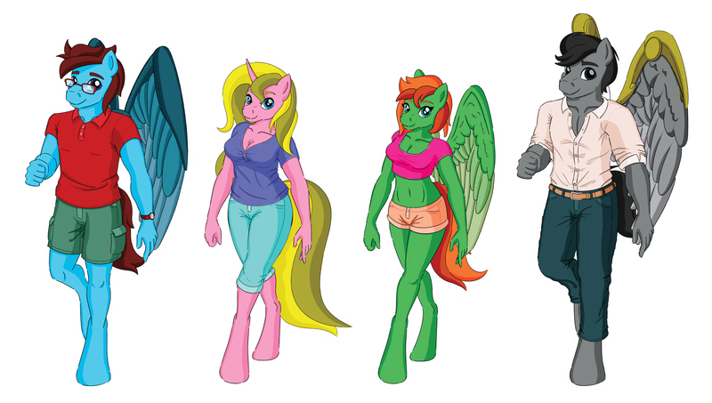 Size: 7547x4271 | Tagged: safe, artist:miipack603, derpibooru import, oc, oc:aurora honeyblossom, oc:dusky braveheart, oc:ivy flashbreeze, oc:jasper darkblaze, anthro, pegasus, pony, unguligrade anthro, unicorn, amputee, anthro oc, artificial wings, augmented, belt, belt buckle, breasts, cargo shorts, cleavage, clothes, denim, female, glasses, horn, hot pants, image, jeans, jpeg, looking at you, male, mare, mechanical wing, midriff, multicolored mane, pants, pegasus oc, polo shirt, prosthetic limb, prosthetic wing, prosthetics, shading, shading practice, shirt, short shirt, shorts, stallion, tail, unicorn oc, watch, wing brace, wings