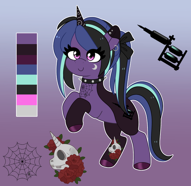 Size: 1801x1755 | Tagged: safe, artist:emera33, derpibooru import, oc, oc:nightingale, unicorn, choker, ear piercing, female, hoof polish, horn, image, multicolored hair, piercing, png, ponytail, purple eyes, skull, spider web, tattoo, tattoo artist, trans female, transgender