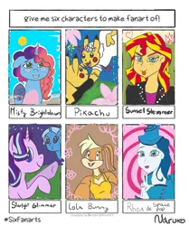 Size: 2720x3248 | Tagged: safe, artist:wrath-marionphauna, derpibooru import, starlight glimmer, sunset shimmer, trixie, pikachu, six fanarts, equestria girls, g4, g5, image, jpeg, lola bunny, looney tunes, maretime bay, misty brightdawn, pokémon, rhea, spacepop