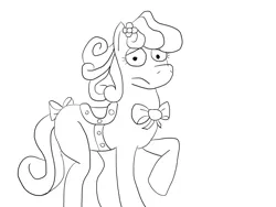 Size: 1600x1200 | Tagged: safe, artist:kaze, derpibooru import, ponified, pony, g4, bow, bowtie, dave the barbarian, drawthread, eyelashes, flower, flower in hair, image, jpeg, lineart, monochrome, necktie, requested art, saddle, simple background, solo, tack, tail, tail bow, twinkle the marvel horse, white background