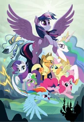 Size: 1650x2400 | Tagged: safe, artist:joy-ang, derpibooru import, applejack, fluttershy, pinkie pie, princess celestia, rainbow dash, rarity, spike, storm king, twilight sparkle, twilight sparkle (alicorn), alicorn, dragon, pony, g4, my little pony: the movie, the art of my little pony: the movie, concept art, image, jpeg, mane seven, mane six