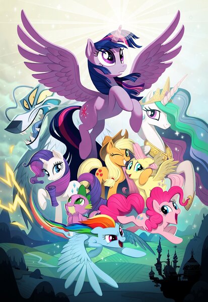 Size: 1650x2400 | Tagged: safe, artist:joy-ang, derpibooru import, applejack, fluttershy, pinkie pie, princess celestia, rainbow dash, rarity, spike, storm king, twilight sparkle, twilight sparkle (alicorn), alicorn, dragon, pony, g4, my little pony: the movie, the art of my little pony: the movie, concept art, image, jpeg, mane seven, mane six