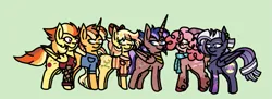 Size: 759x277 | Tagged: safe, artist:mlpartmaker300, derpibooru import, oc, oc:daisy may, oc:enchantra sorcery, oc:fruitbasket, oc:ninny, oc:obsidian storm, oc:volley pop, unofficial characters only, alicorn, earth pony, hybrid, pegasus, pony, unicorn, alicorn oc, bow, clothes, earth pony oc, female, freckles, green background, hair bow, horn, image, interspecies offspring, jacket, magical lesbian spawn, male, mare, next generation, offspring, parent:applejack, parent:big macintosh, parent:flash sentry, parent:flim, parent:fluttershy, parent:pinkie pie, parent:prince rutherford, parent:rainbow dash, parent:rarity, parent:spitfire, parent:thunderlane, parent:twilight sparkle, parents:flashlight, parents:flimjack, parents:fluttermac, parents:pinkieford, parents:rarilane, parents:spitdash, pegasus oc, png, scarf, shirt, simple background, stallion, striped scarf, striped shirt, unicorn oc, wings