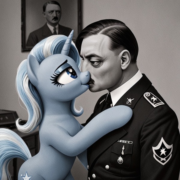 Size: 1024x1024 | Tagged: suggestive, ai content, derpibooru import, machine learning generated, trixie, pony, unicorn, g4, adolf hitler, framed picture, grayscale, horn, image, jpeg, kiss on the lips, kissing, monochrome, nope