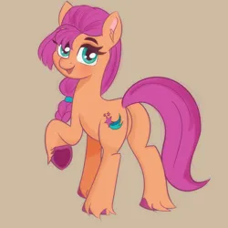 Size: 1500x1500 | Tagged: safe, artist:psfmer, derpibooru import, sunny starscout, earth pony, pony, g5, butt, female, gray background, image, looking at you, looking back, looking back at you, looking over shoulder, mare, open mouth, open smile, plot, png, raised hoof, simple background, smiling, smiling at you, solo, sunny starbutt, underhoof, unshorn fetlocks