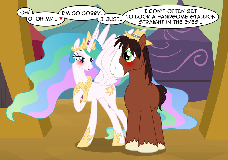 Size: 3693x2592 | Tagged: safe, artist:badumsquish, derpibooru import, princess celestia, trouble shoes, alicorn, clydesdale, earth pony, pony, g4, :o, blushing, crack shipping, derpibooru exclusive, dialogue, duo, embarrassed, eye contact, female, flirting, heart, hoof on chest, image, jewelry, looking at each other, looking at someone, male, mare, open mouth, peytral, png, regalia, rodeo, shipping, show accurate, spread wings, stallion, straight, troublestia, unshorn fetlocks, wingboner, wings