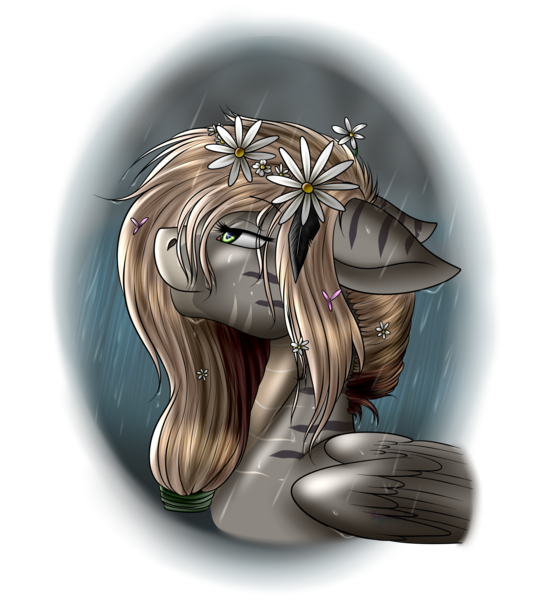 Size: 2160x2400 | Tagged: safe, artist:crazyaniknowit, derpibooru import, oc, oc:spring rain, zebra, zebrasus, bust, female, flower, flower in hair, image, png, portrait, solo