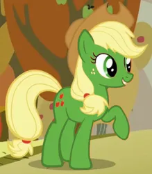 Size: 1170x1337 | Tagged: safe, derpibooru import, edit, edited screencap, screencap, applejack, earth pony, pony, fall weather friends, g4, alternate coat color, apple (color), applejack's hat, cowboy hat, cropped, female, green coat, hat, image, jpeg, mare, not applejack, raised hoof, recolor, solo, tree