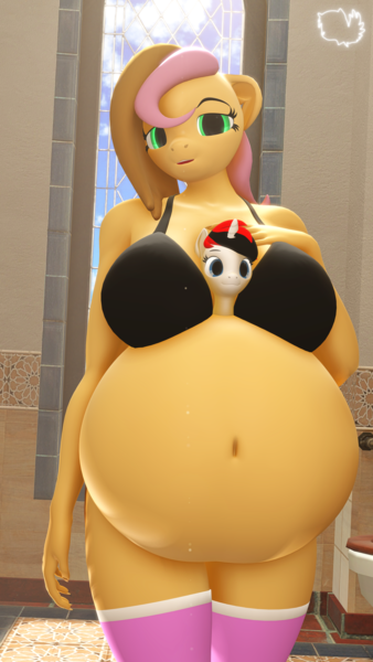 Size: 2160x3840 | Tagged: suggestive, artist:marshmallow-pone, derpibooru import, oc, oc:timber, oc:vani, anthro, pegasus, 3d, belly, big belly, clothes, image, not fluttershy, png, socks, source filmmaker