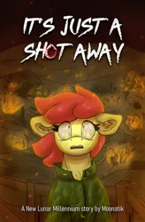 Size: 2001x3059 | Tagged: semi-grimdark, artist:reddthebat, derpibooru import, editor:moonatik, apple bloom, earth pony, pony, equestria at war mod, fanfic, alternate timeline, burning, clothes, commission, fanfic art, fanfic cover, female, fence, fire, house, image, mare, military uniform, new lunar millennium, nightmare takeover timeline, png, solo, text, uniform, war, wind, windswept mane