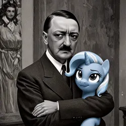 Size: 1024x1024 | Tagged: safe, ai content, derpibooru import, machine learning generated, trixie, human, pony, unicorn, adolf hitler, grayscale, horn, hug, image, jpeg, monochrome, nope