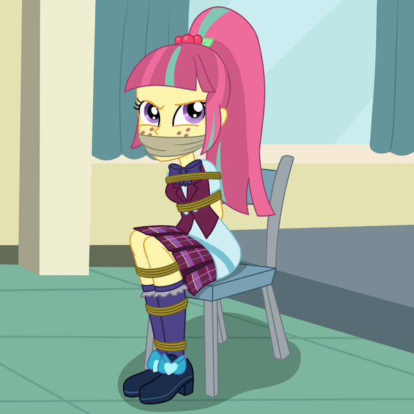 Size: 2000x2000 | Tagged: safe, artist:nie-martw-sie-o-mnie, derpibooru import, part of a set, sour sweet, human, equestria girls, g4, bondage, chair, cloth gag, clothes, female, femsub, freckles, gag, image, png, ponytail, ribbon bow tie, rope, rope bondage, shoes, sitting, skirt, socks, solo, submissive, vest