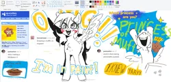 Size: 1882x902 | Tagged: safe, artist:azaani-art, derpibooru import, derpy hooves, pegasus, pony, blush scribble, blushing, female, food, hooves in air, image, mare, ms paint, muffin, myspace, open mouth, open smile, pixel-crisp art, png, simple background, smiling, solo, text, white background