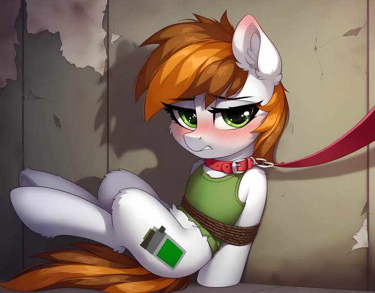 Size: 3680x2880 | Tagged: safe, ai content, derpibooru import, machine learning generated, prompter:jlege, oc, oc:littlepip, unofficial characters only, pony, fallout equestria, bondage, clothes, image, leash, male, png, rule 63, stallion