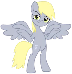 Size: 1470x1505 | Tagged: safe, alternate version, artist:savage-bases, artist:twilyisbestpone, derpibooru import, derpy hooves, pegasus, pony, g4, alicorn wings, bipedal, evil grin, female, grin, image, looking at you, mare, png, shrug, simple background, smiling, smug, solo, spread wings, transparent background, underp, wings