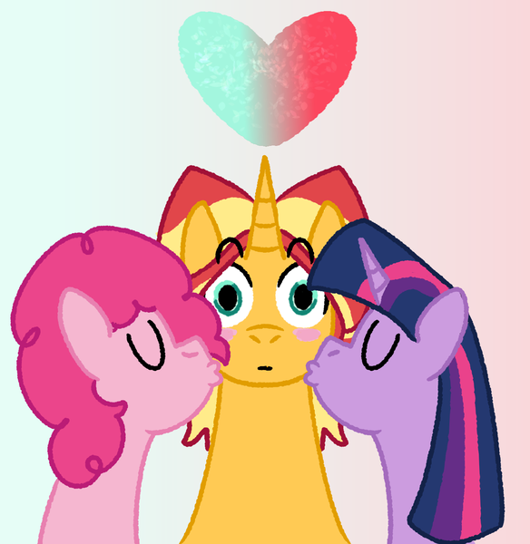 Size: 1244x1279 | Tagged: safe, artist:zoeyhorse, derpibooru import, pinkie pie, sunset shimmer, twilight sparkle, twilight sparkle (alicorn), alicorn, earth pony, pony, unicorn, blush sticker, blushing, eeee, eyes closed, female, gradient background, heart, horn, image, kiss on the cheek, kiss sandwich, kissing, kissy face, lesbian, mare, png, ship:sunsetpie, shipping, sunsetsparkle, trio, trio female