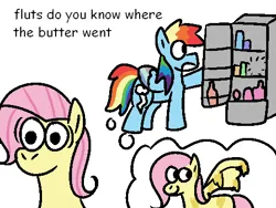 Size: 480x360 | Tagged: safe, artist:zoeyhorse, derpibooru import, fluttershy, rainbow dash, pegasus, pony, butter, duo, duo female, female, flutterbutter, flutterdash, food, image, lesbian, mare, one wing out, png, refrigerator, shipping, simple background, smiling, white background, wings, yelling