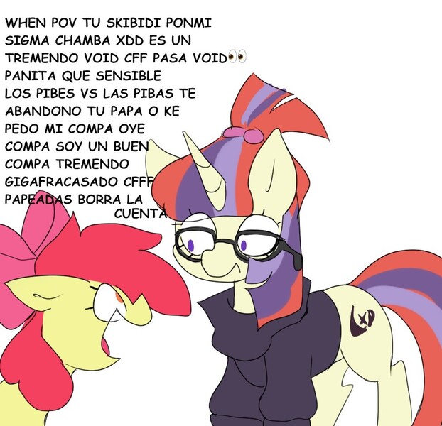 Size: 1000x965 | Tagged: safe, artist:madiwann, derpibooru import, apple bloom, moondancer, earth pony, pony, unicorn, g4, brainrot, clothes, duo, duo female, emoji, female, filly, foal, gen alpha, glasses, horn, image, jpeg, mare, meme, shocked, simple background, skibidi toilet, slang, spanish, white background