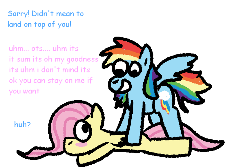 Size: 828x596 | Tagged: safe, artist:zoeyhorse, derpibooru import, fluttershy, rainbow dash, pegasus, pony, blush sticker, blushing, doormat, duo, duo female, female, flutterdash, image, lesbian, looking at each other, looking at someone, lying down, mare, png, prone, shipping, simple background, smiling, sploot, white background