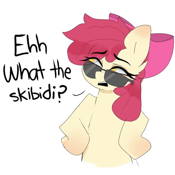 Size: 1819x1819 | Tagged: safe, artist:madiwann, derpibooru import, apple bloom, earth pony, pony, g4, female, filly, foal, gen alpha, image, jpeg, meme, simple background, skibidi toilet, slang, solo, sunglasses, white background