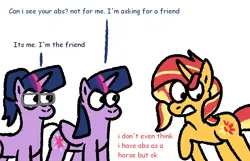 Size: 1000x643 | Tagged: safe, artist:zoeyhorse, derpibooru import, sci-twi, sunset shimmer, twilight sparkle, twilight sparkle (alicorn), alicorn, pony, unicorn, dialogue, female, horn, image, lesbian, png, polyamory, ship:sci-twishimmer, ship:sunset twiangle, shipping, simple background, sunsetsparkle, trio, trio female, twolight, unicorn twilight, white background