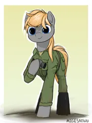 Size: 973x1298 | Tagged: safe, artist:migesanwu, derpibooru import, oc, unofficial characters only, earth pony, pony, blue eyes, boots, clothes, earth pony oc, female, front view, green background, image, jumpsuit, looking at you, military pony, png, raised hoof, shoes, signature, simple background, solo, standing, standing on three hooves, telescope, yellow mane