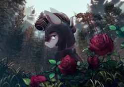 Size: 2480x1748 | Tagged: safe, artist:glumarkoj, derpibooru import, oc, oc:iron rose, unofficial characters only, earth pony, pony, armor, blue eyes, commission, detailed background, earth pony oc, flower, forest, helmet, image, lidded eyes, looking at you, looking back, looking back at you, male, male oc, nature, png, rose, scar, solo, stallion, stallion oc, tree, ych result