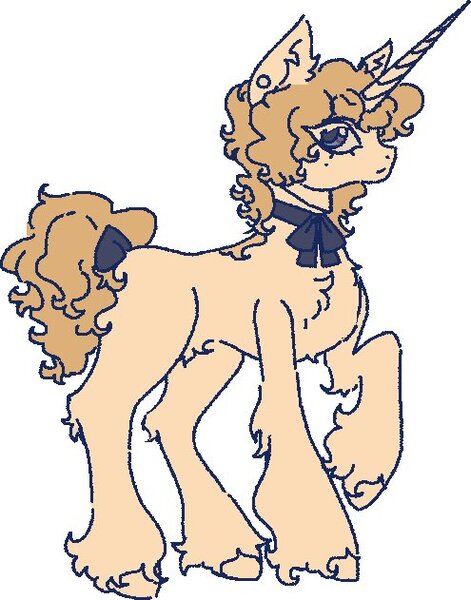 Size: 495x631 | Tagged: safe, artist:junniepiepoopop, derpibooru import, oc, unofficial characters only, pony, unicorn, ambiguous gender, beauty mark, blonde eyelashes, blonde mane, blonde tail, bow, chest fluff, colored eyelashes, colored sclera, concave belly, cream coat, cream sclera, curly mane, curly tail, ear fluff, ear piercing, earring, eye clipping through hair, eyelashes, fetlock tuft, fluffy, frown, gauges, hock fluff, horn, image, jewelry, jpeg, long horn, looking back, missing cutie mark, neck ribbon, piercing, profile, purple eyes, purple pupils, raised hoof, shoulder fluff, simple background, solo, standing, standing on three hooves, tail, tail accessory, tail bow, tied tail, unicorn horn, unicorn oc, unshorn fetlocks, white background