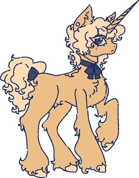 Size: 495x631 | Tagged: safe, artist:junniepiepoopop, derpibooru import, oc, unofficial characters only, pony, unicorn, ambiguous gender, beauty mark, blonde eyelashes, blonde mane, blonde tail, bow, chest fluff, colored eyelashes, colored hooves, colored sclera, concave belly, cream hooves, cream sclera, curly mane, curly tail, ear fluff, ear piercing, earring, eye clipping through hair, eyelashes, fetlock tuft, fluffy, frown, gauges, hock fluff, hooves, horn, image, jewelry, jpeg, long horn, looking back, missing cutie mark, neck ribbon, piercing, profile, purple eyes, purple pupils, raised hoof, shoulder fluff, simple background, solo, standing, standing on three hooves, tail, tail accessory, tail bow, tied tail, unicorn horn, unicorn oc, unshorn fetlocks, white background, yellow coat