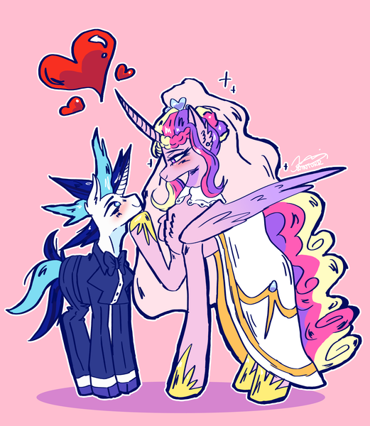 Size: 2899x3336 | Tagged: safe, artist:riyalumpia, derpibooru import, princess cadance, shining armor, alicorn, pony, unicorn, g4, blushing, bowtie, clothes, dress, duo, duo female, female, floating heart, heart, high res, hoof on chin, horn, image, lidded eyes, looking at each other, looking at someone, male, mare, meme, necktie, pink background, png, ship:shiningcadance, shipping, simple background, smiling, smiling at each other, straight, the bride and the ugly ass groom, tuxedo, veil, wedding dress, wedding veil