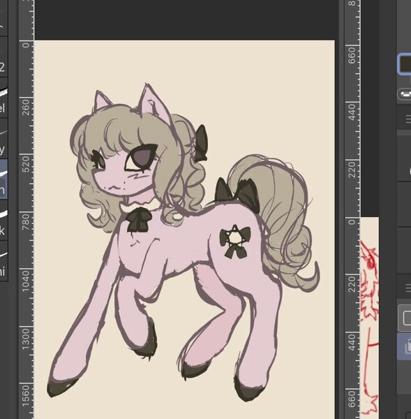 Size: 726x739 | Tagged: safe, artist:junniepiepoopop, derpibooru import, ponified, pony, unicorn, acne, art program in frame, black hooves, blush scribble, blushing, bow, brown eyes, colored hooves, colored sketch, cream coat, curly mane, curly tail, eye clipping through hair, fear and hunger 2, female, gray mane, gray tail, hair accessory, hair bow, hooves, horn, image, jpeg, mane accessory, mare, marina (fear and hunger), missing horn, no catchlights, no pupils, raised hoof, sailor collar, sketch, smiling, solo, standing on three hooves, tail, tail accessory, tail bow