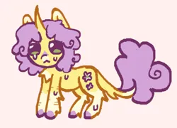 Size: 471x340 | Tagged: safe, artist:junniepiepoopop, derpibooru import, sunshine petals, pony, unicorn, g4, :<, alternate design, alternate hairstyle, alternate tailstyle, background pony, chest fluff, chibi, coat markings, colored chest fluff, colored eartips, colored hooves, colored tailtip, crying, curly mane, curly tail, curved horn, facial markings, frown, green eyes, hock fluff, hooves, horn, image, leonine tail, pink background, png, purple hooves, purple mane, purple tail, requested art, scar, self harm, self harm scars, simple background, snip (coat marking), socks (coat marking), standing, sweat, tail, tail fluff, thin, two toned ears, unicorn horn, yellow coat