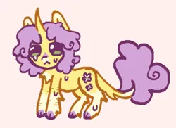 Size: 481x351 | Tagged: safe, alternate version, artist:junniepiepoopop, derpibooru import, sunshine petals, pony, unicorn, g4, :<, alternate design, alternate hairstyle, alternate tailstyle, background pony, chest fluff, chibi, cloven hooves, coat markings, colored chest fluff, colored eartips, colored hooves, colored tailtip, crying, curly mane, curly tail, curved horn, facial markings, frown, green eyes, hock fluff, hooves, horn, image, leonine tail, pink background, png, purple hooves, purple mane, purple tail, requested art, scar, self harm, self harm scars, simple background, snip (coat marking), socks (coat marking), standing, sweat, tail, tail fluff, thin, two toned ears, unicorn horn, yellow coat