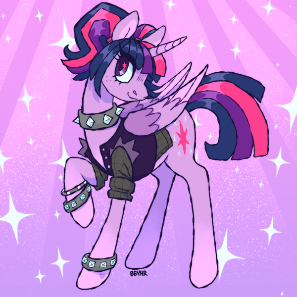 Size: 1000x1000 | Tagged: safe, artist:beyhr, derpibooru import, twilight sparkle, twilight sparkle (alicorn), alicorn, pony, g4, bangs, bracelet, clothes, collar, colored pinnae, colored wings, colored wingtips, cutie mark eyes, eye clipping through hair, eyelashes, female, folded wings, freckles, gameloft, gameloft interpretation, hair tie, heart, heart mark, horn, image, jacket, long legs, looking back, mare, my little pony: magic princess, png, ponytail, profile, purple coat, purple eyes, purple wingtips, raised hoof, rockstar sparkle, shiny mane, shiny tail, signature, smiling, solo, sparkles, sparkly background, spiked collar, spiked wristband, standing on three hooves, straight mane, straight tail, sunburst background, three toned wings, tied mane, unicorn horn, wingding eyes, wings, wristband