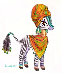 Size: 702x846 | Tagged: safe, artist:lutraviolet, derpibooru import, zecora, zebra, g4, 2022, african, alternate coat color, alternate design, alternate eye color, ankara shawl, bangles, coat markings, colored muzzle, ear piercing, earring, eye clipping through hair, facial markings, female, headdress, hooped earrings, image, jewelry, jpeg, leg markings, lidded eyes, neck rings, old art, orange eyes, piercing, profile, redesign, shawl, signature, simple background, smiling, solo, standing, tail, tail jewelry, tail markings, traditional clothing, white background, white coat