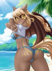 Size: 1499x2048 | Tagged: suggestive, artist:lifejoyart, ponerpics import, oc, oc:gilded oak, unofficial characters only, anthro, bat pony, bat pony oc, bat wings, bikini, breasts, butt, clothes, curvy, female, image, jpeg, looking at you, shirt, shirt lift, swimsuit, wings