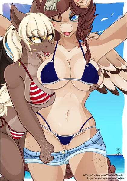 Size: 1400x2000 | Tagged: suggestive, artist:stainedglasslighthea, ponerpics import, oc, oc:gilded oak, oc:ondrea, unofficial characters only, anthro, bikini, blushing, breast grab, breasts, clothes, daisy dukes, female, grope, image, jpeg, oc x oc, shipping, shorts, swimsuit