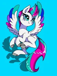 Size: 1200x1600 | Tagged: safe, artist:stacy_165cut, derpibooru import, zipp storm, pegasus, pony, g5, big eyes, blue background, blush lines, blushing, colored hooves, colored wings, colored wingtips, eyelashes, female, flying, gray hooves, hooves, image, jpeg, long tail, looking up, mare, missing cutie mark, mohawk, multicolored wings, saturated, shadow, shiny eyelashes, shiny hooves, shiny mane, shiny tail, simple background, smiling, solo, spiky mane, spread wings, tail, two toned mane, two toned tail, white coat, wingding eyes, wings