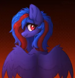 Size: 2454x2549 | Tagged: safe, artist:viryav, derpibooru import, oc, unofficial characters only, pegasus, pony, blue body, blue hair, dark lighting, ear fluff, evil grin, female, gradient background, grin, image, jpeg, looking at you, mare, mare oc, polka dot background, red background, red eyes, simple background, smiling, solo, spread wings, striped hair, wings