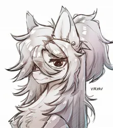 Size: 1912x2152 | Tagged: safe, artist:viryav, derpibooru import, oc, unofficial characters only, pony, chest fluff, ear fluff, ear piercing, earring, embarrassed, facial markings, fluffy, gray body, grey hair, image, jewelry, jpeg, long hair, male, piercing, scar, shiny mane, signature, simple background, sketch, solo, white background