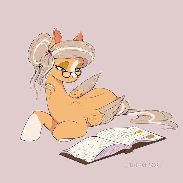 Size: 2000x2000 | Tagged: safe, artist:unichromacorn, derpibooru import, oc, unofficial characters only, pegasus, pony, book, coat markings, colored wings, colored wingtips, glasses, grey hair, image, jpeg, lidded eyes, lying down, mare oc, orange coat, pegasus oc, prone, socks (coat marking), solo, wings